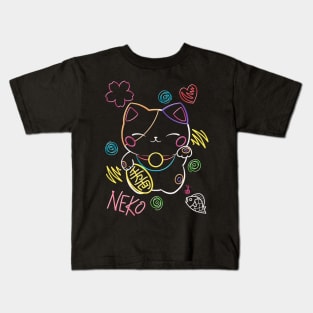 Neon Neko (3) - Cute neon light Japanese beckoning cats to bring you good luck Kids T-Shirt